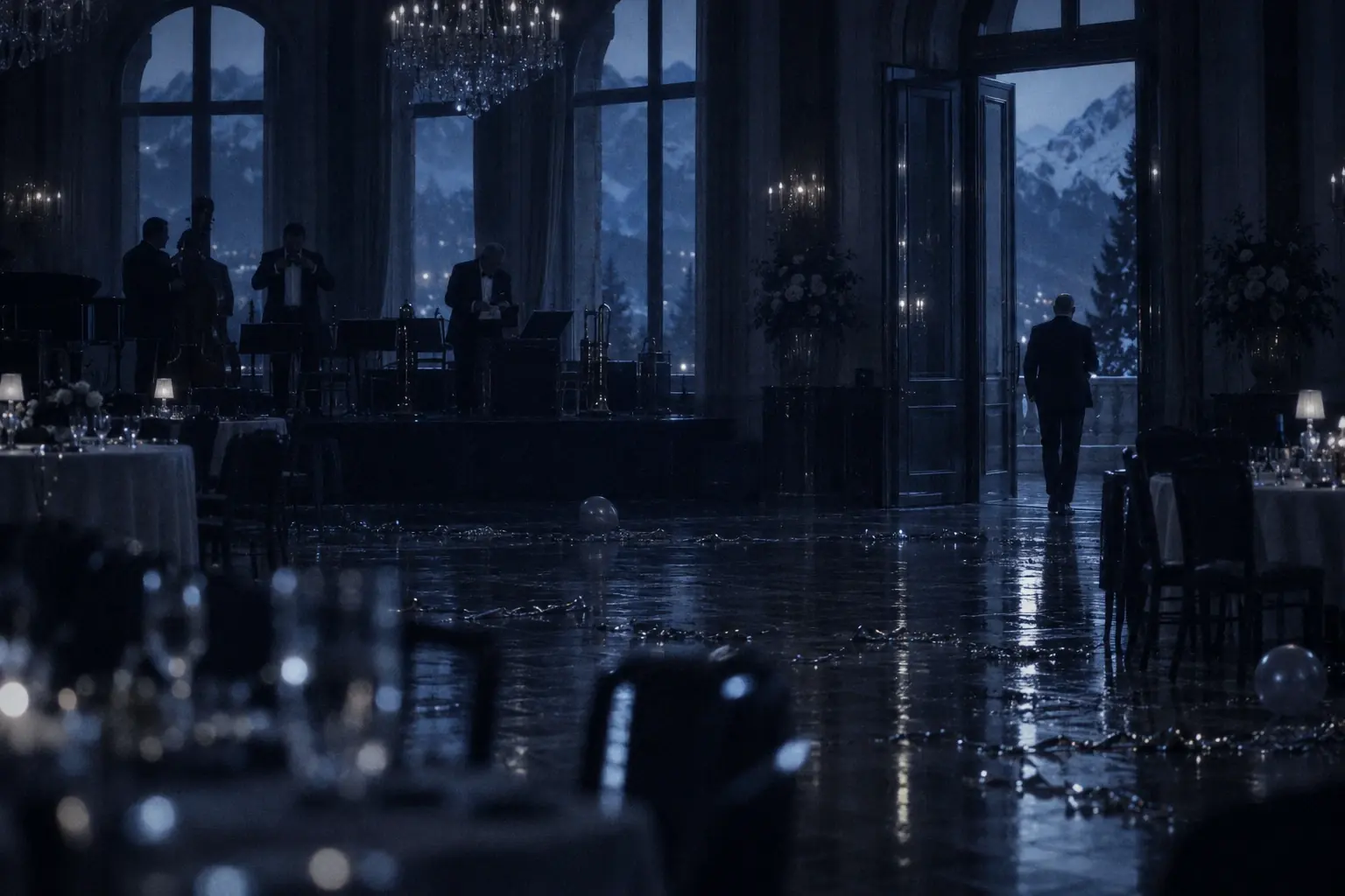 An empty hotel ballroom at dawn after the ball: the band packs up and gets paid while Flavien Bétrisey, seen from behind, walks out toward the mountains