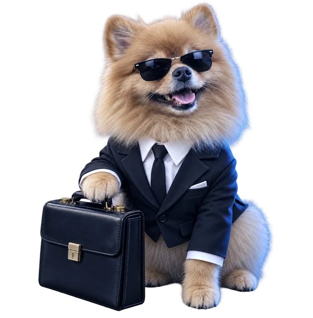POPI in a tiny black suit and sunglasses, one paw on a briefcase