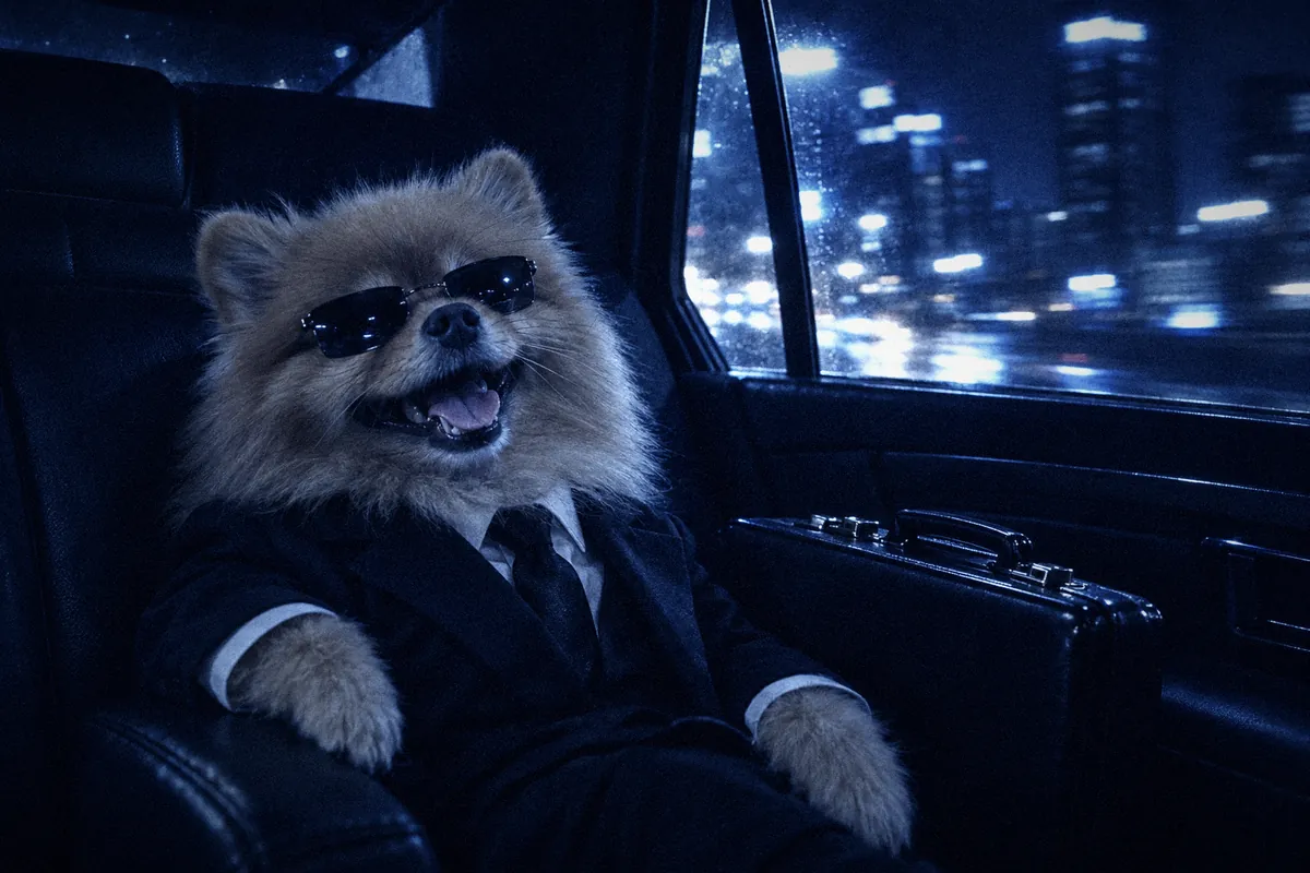 POPI in a black suit laughing in the back of a car with the briefcase