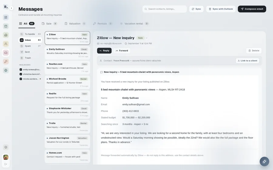 Inquiries from listing sites and email, sorted and matched